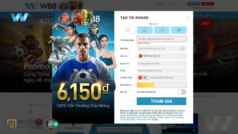 Cung cấp đầy đủ thông tin khi đăng ký tài khoản W88