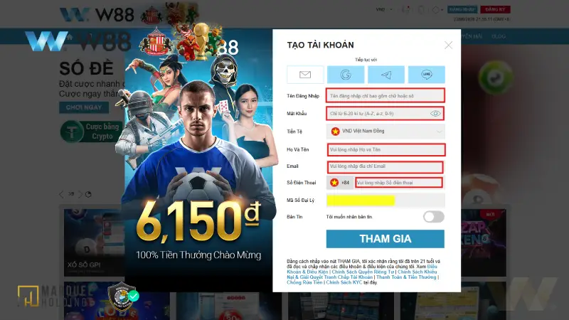 W88 - Nhà Cái W88 Cá Cược Thể Thao & Casino Top 1 Châu Á Điền đầy đủ các thông tin cần thiết khi tiến hành đăng ký tài khoản W88