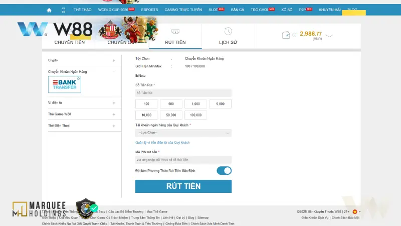 Giao diện rút tiền W88 trên máy tính