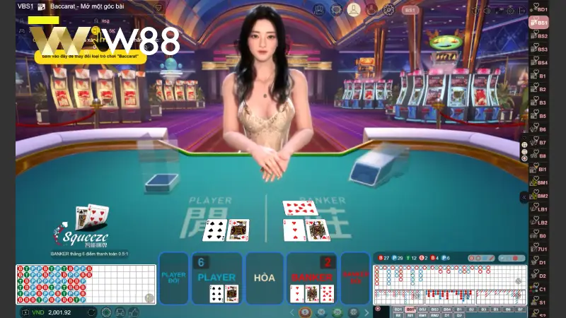 Sảnh Club W Casino W88 - Trải Nghiệm Live Casino Châu Á Tối Ưu 2026 Giao diện sảnh baccarat tại Club W Casino