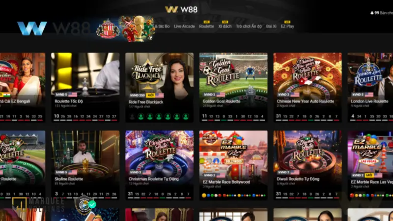Giao diện sảnh Club Ezugi tại nhà cái W88