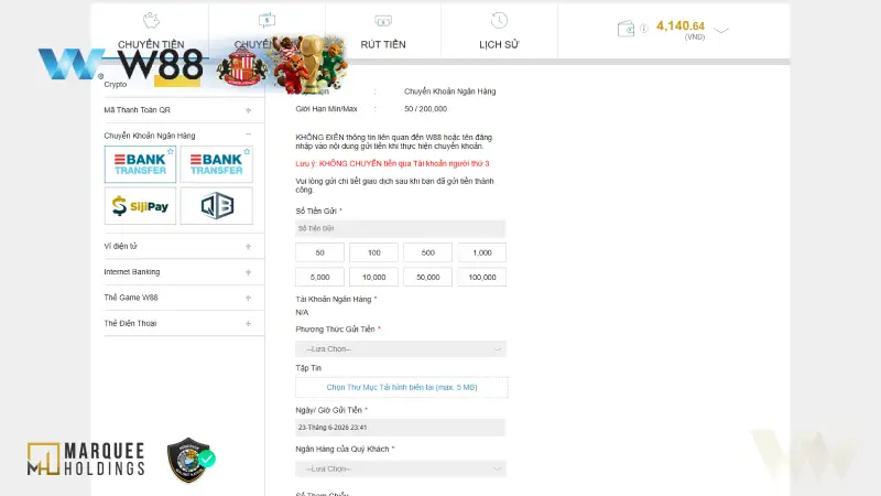 Mỗi phương thức nạp tiền W88 đều có trung gian là các công ty tài chính lớn
