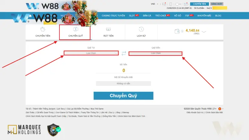 Thực hiện chuyển quỹ vào sảnh mà bạn muốn chơi trước khi tham gia cược
